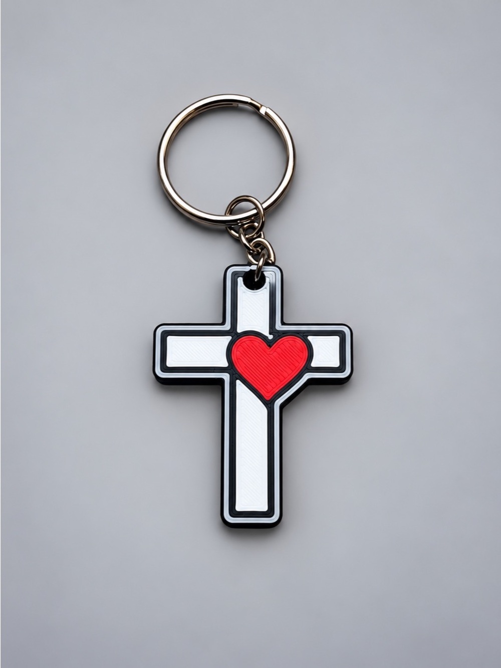 Heart Cross Keychain - White and Red Pendant